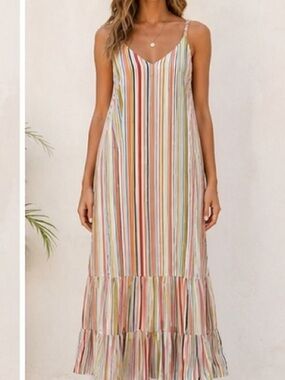 Boho Striped Maxi Dress Women’s Sleeveless Tiered Sundress Beach Cottagecore Lrg
